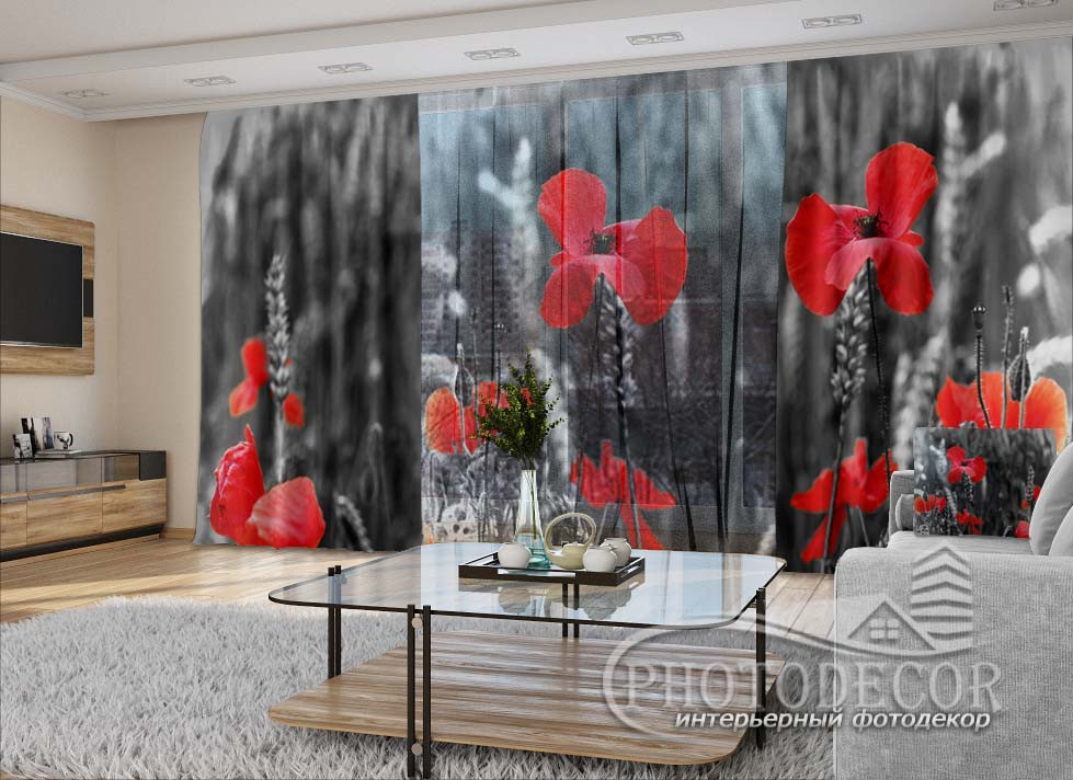 

3D - Фото Шторы и тюль PHOTODECOR "Маки и пшеница на черном" (шторы 2,5м*2,9м, тюль 2,5м*3,0м)