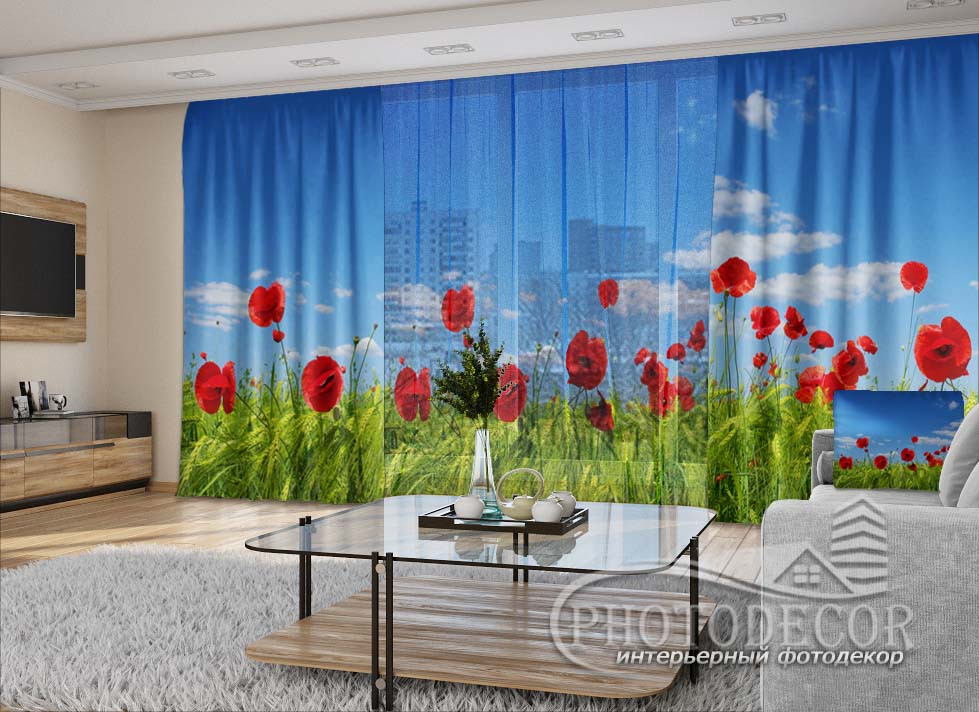 

3D - Фото Шторы и тюль PHOTODECOR "Маки и пшеница" (шторы 2,5м*2,9м, тюль 2,5м*3,0м)