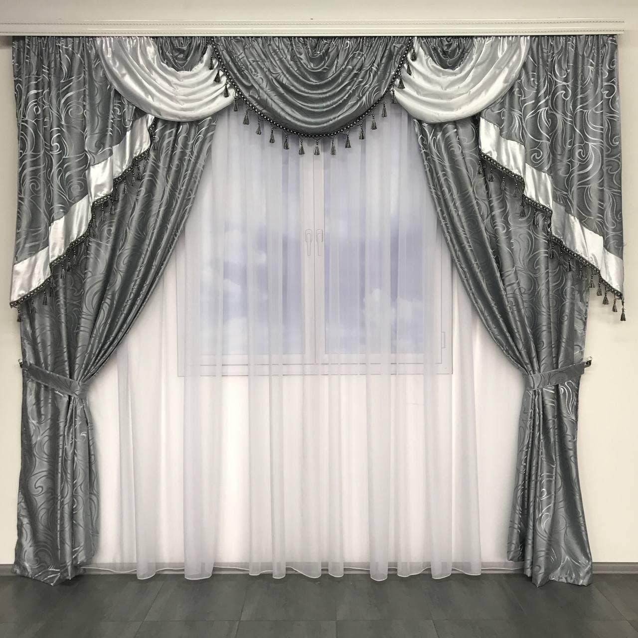 

Шторы для зала жаккард 150х270 cm (2 шт) с ламбрекеном ALBO Серые (LS-240-29)