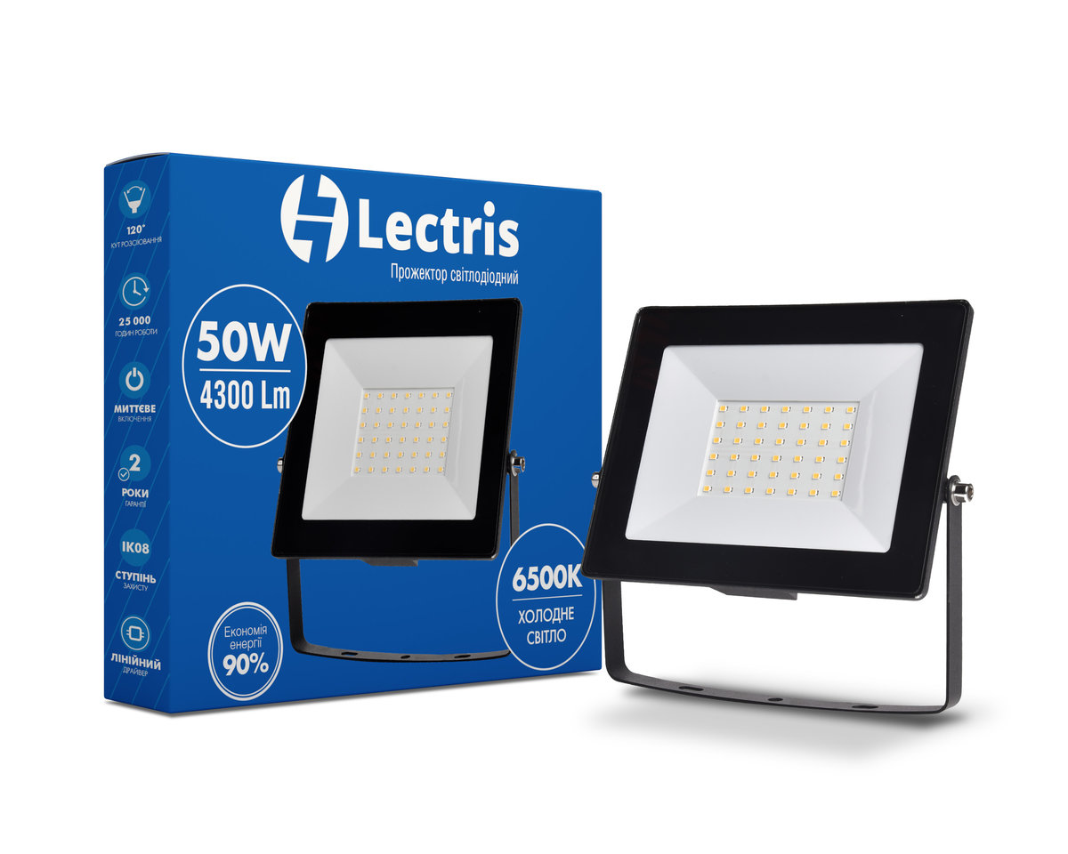 

Светодиодный прожектор Lectris 50W 4300Лм 6500K 185-265V IP65 1-LC-3004