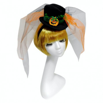 

Шляпка Цилиндрик с тыквой с фатой на обруче Halloween 15-613BLK-OR