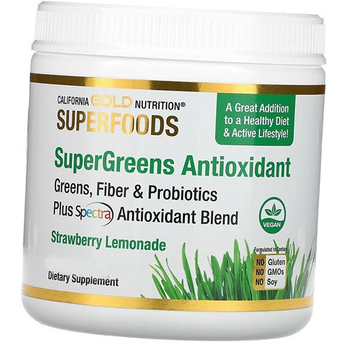 

Комплекс Антиоксидантов из суперзелени, клетчатки и пробиотиков, Supergreens Antioxidant, California Gold Nutrition 171г Клубничный лимонад (70427004)
