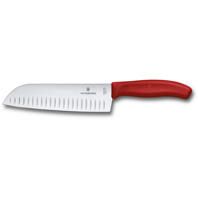 

Кухонный нож Victorinox SwissClassic Santoku 17см рифл. с крас. ручкой (блистер)