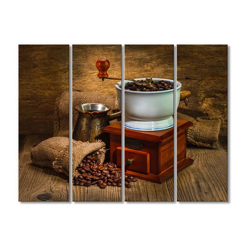 

Модульная картина Artel «Кофемолка мешочек кофейных зерен турка» 4 модуля 90x135 см