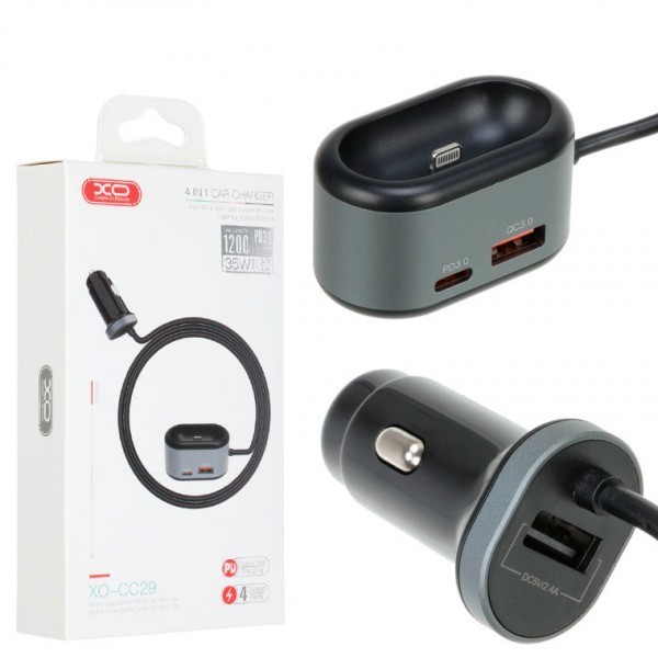 

Автомобильное зарядное устройство XO 4в1 35W QC 3.0 PD 2хUSB 3A + док-станция для Apple AirPods