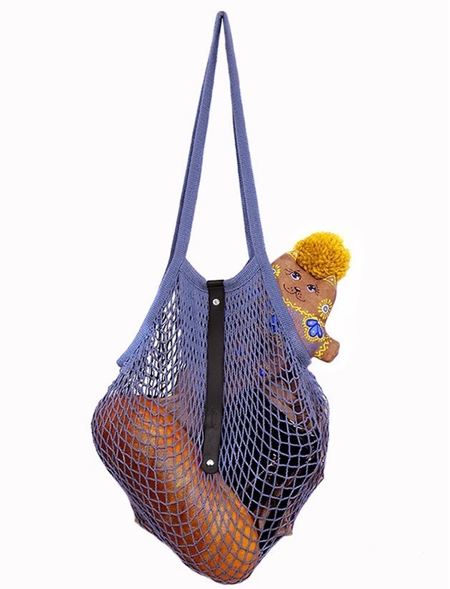 

Складная сумка-авоська Wigwag из серо-голубого хлопка и натуральной кожи