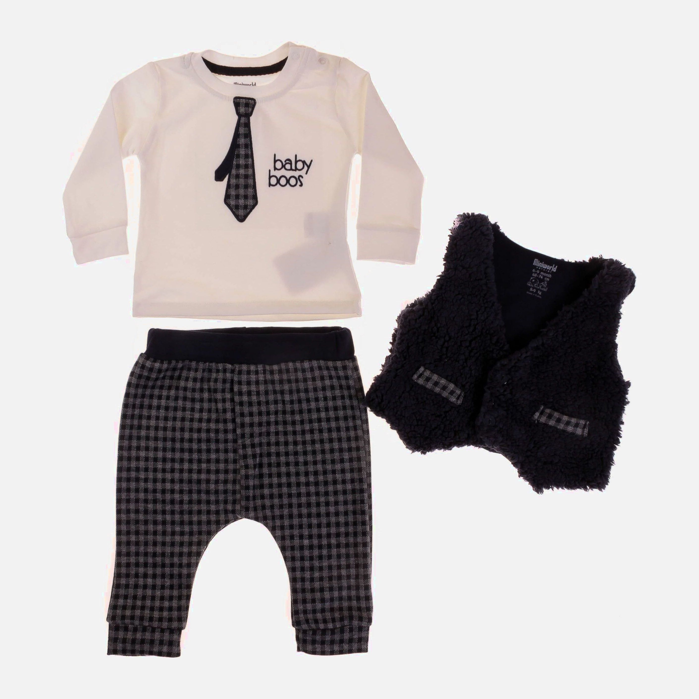 

Комплект (жилет + футболка с длинными рукавами + брюки) MiniWorld 15230 74 см Кремовый/Индиго