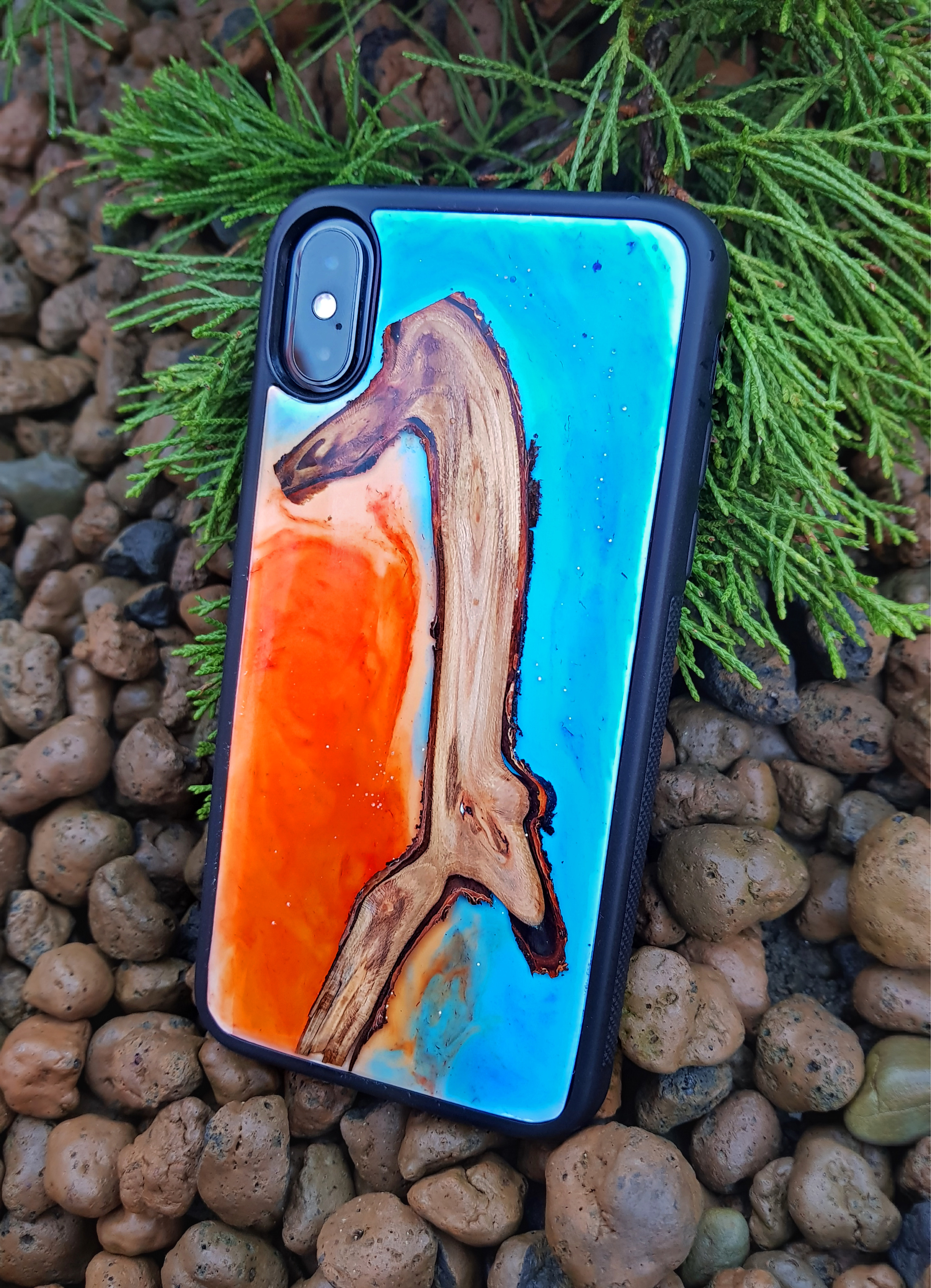 

Чехол на айфон Xs ручної роботи WoodWork Orange-Blue