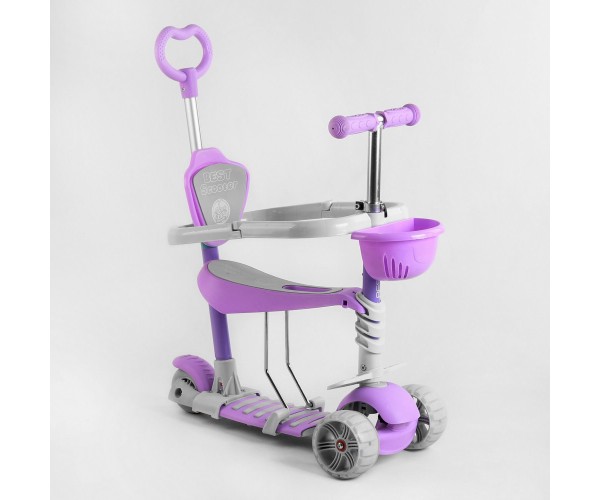 

Cамокат трехколесный Best Scooter Smart 5 в 1, с бортиком, светящимися колесами, корзинкой, Фиолетовый
