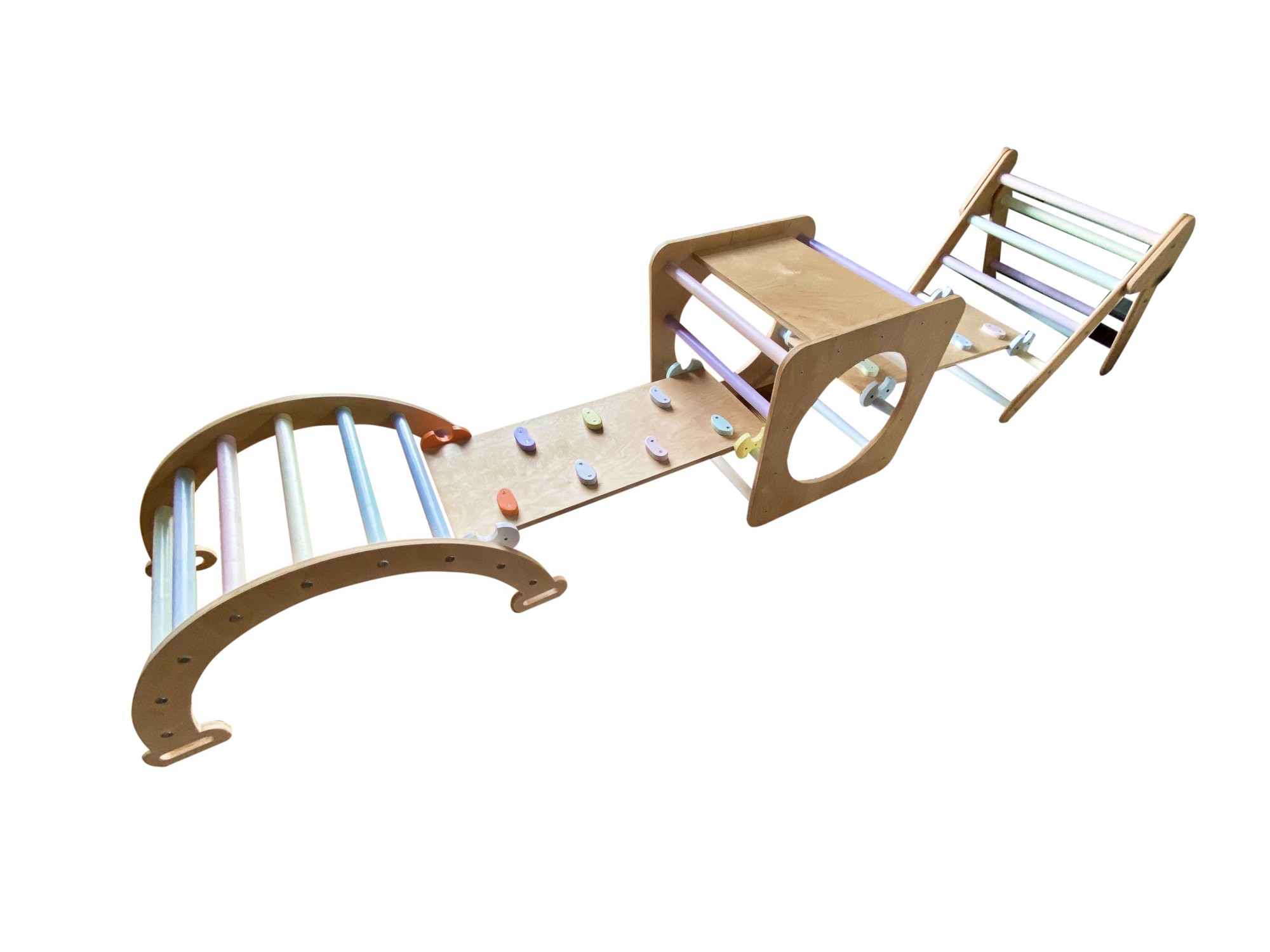 

Дитячий розвиваючий ігровий комплекс Монтессорі. Набір 5в1 Small (Трикутник Піклера, 2 гірки-скеледроми, місток, альпіністський куб) (арт. 009 WoodenLikes