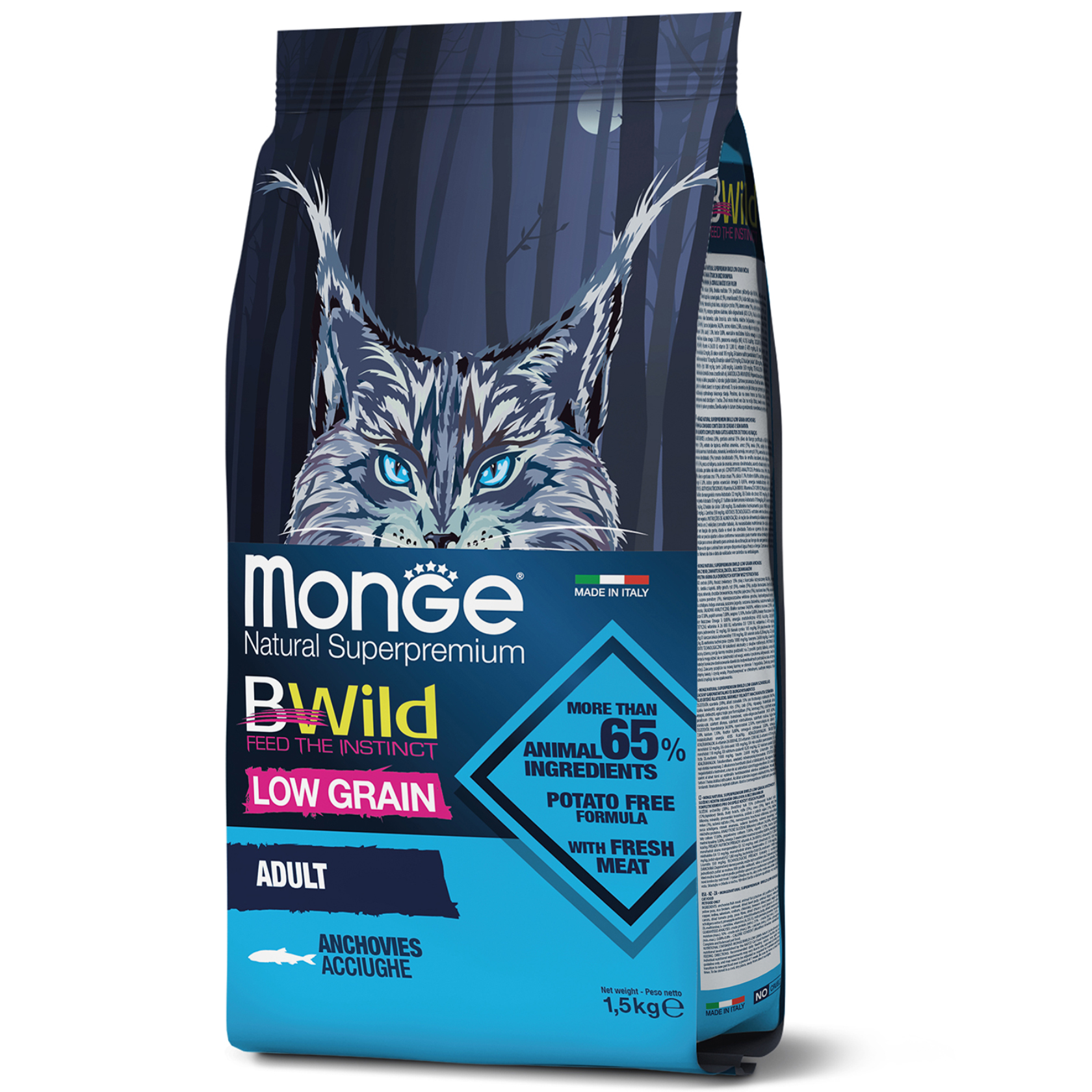 

Низкозерновой корм для кошек MONGE BWILD LOW GRAIN анчоус 1,5кг (70012010)