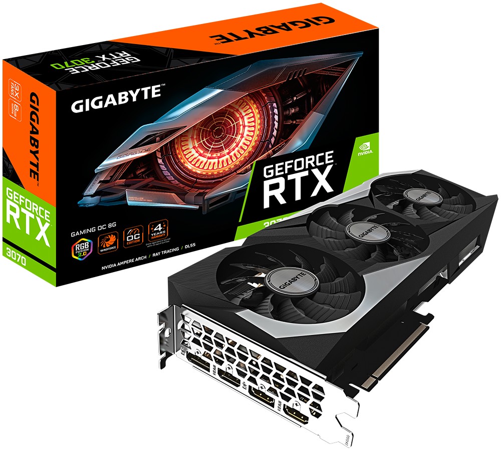 

Видеокарта Gigabyte PCI-Ex GeForce RTX 3070 Gaming OC 8G 8GB GDDR6 (1815/14000) (256bit) (2 х HDMI, 2 x DisplayPort) LHR (GV-N3070GAMING OC-8GD v2.0)