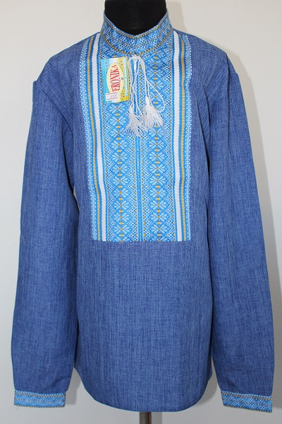 

Вишиванка для хлопчика Veronika Петро орнамент синій джинс 158