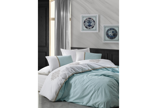 

Комплект постельного белья с вышивкой Cotton Box Carel Mint 200x220 Бело-бирюзовый