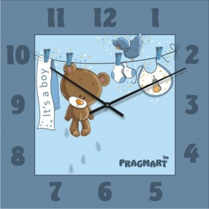 

Настенные часы в детскую "Мишутка для мальчика" бесшумные Pragmart-419-300 [Стекло, механизм Hermle] 50х50 см