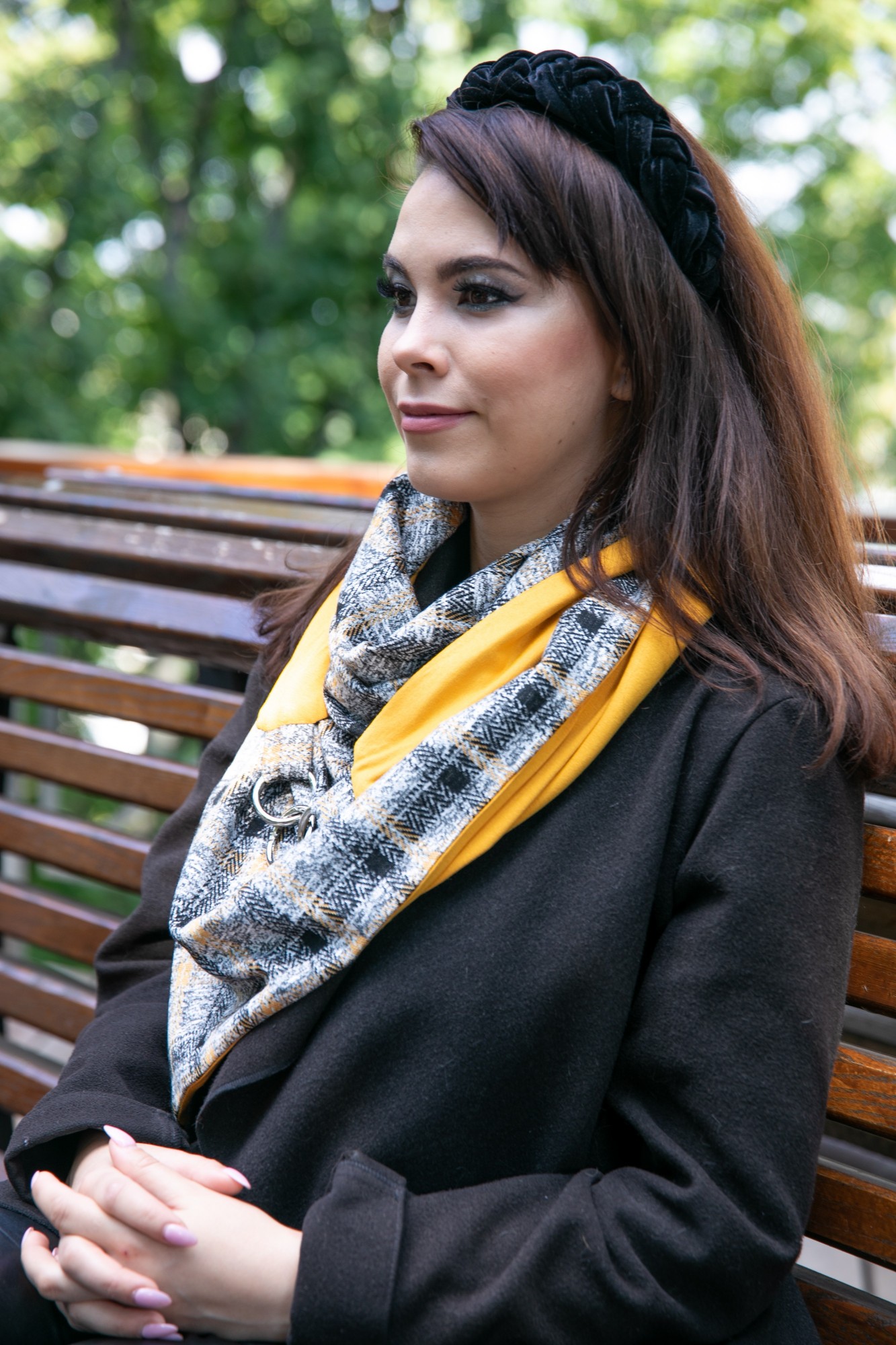 

Шарф большой "Эдинбург" теплый MyScarf универсальный серый в клетку с желтой подкладкой