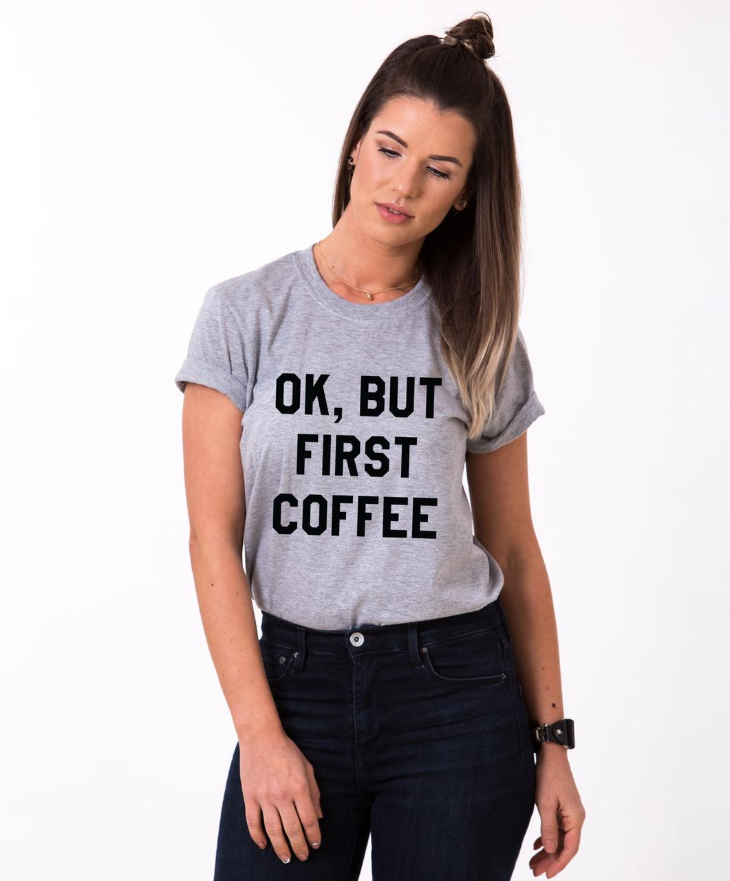

Футболка хлопковая Fruit of the Loom Ok But First Cofee Cеро-лиловая SCoffee