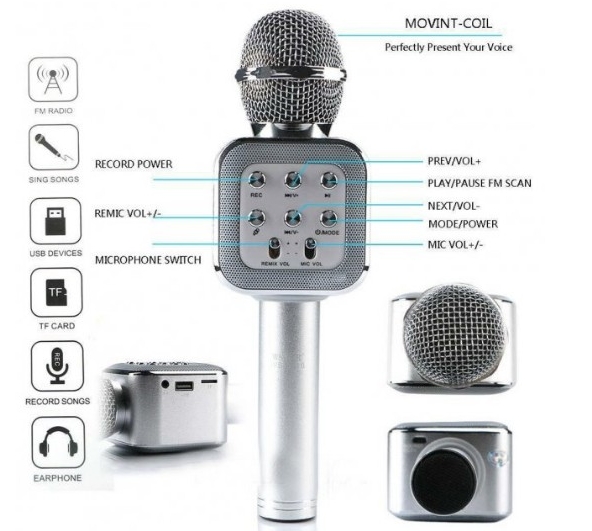 

Беспроводной портативный вокальный караоке-микрофон Bluetooth Wster WS-1818 Серебро