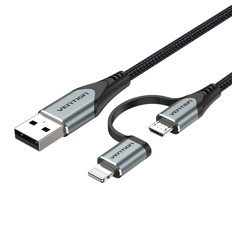 

Кабель 2 в 1 USB-MicroUSB-Lightning Vention TPE Nylon MFi C89 2.4А 480Mbps nickel-plated 0.5m Black