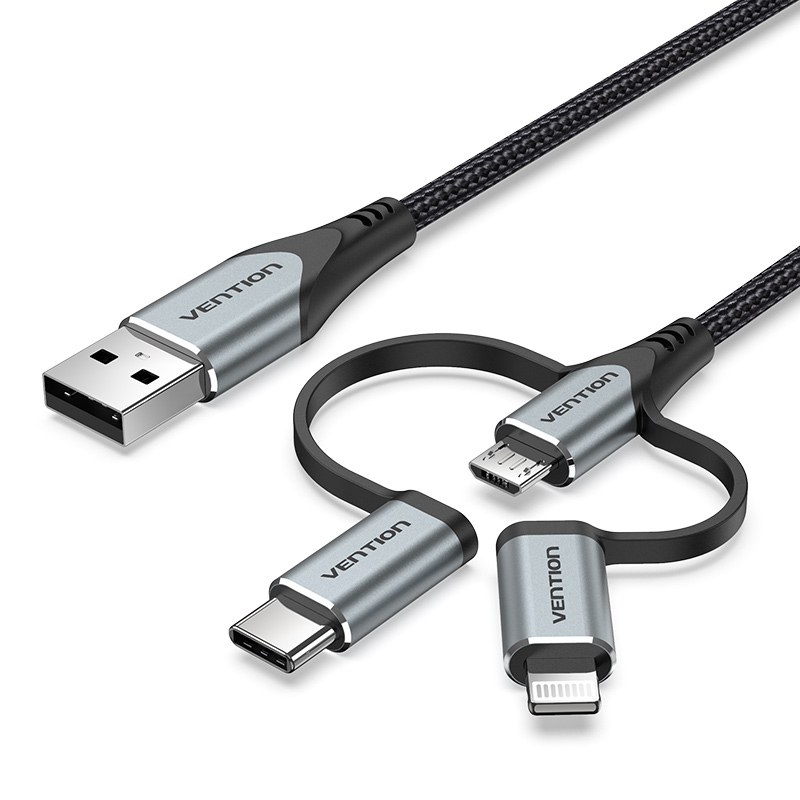 

Кабель 3 в 1 USB-MicroUSB-Type-C-Lightning Vention TPE Nylon MFi C89 2А 480Mbps nickel-plated 0.5m Grey