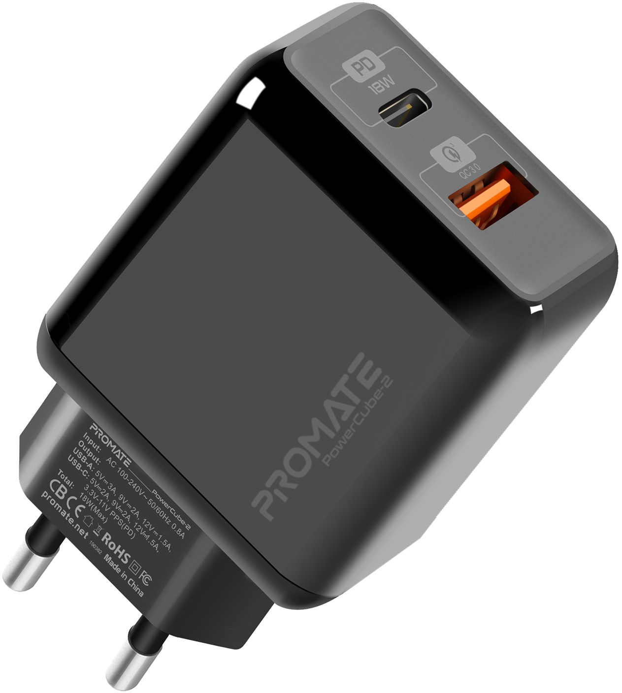 

Сетевое зарядное устройство Promate PowerCube-2 18 Вт Type-C PD + USB QC 3.0 Black (powercube-2.black)