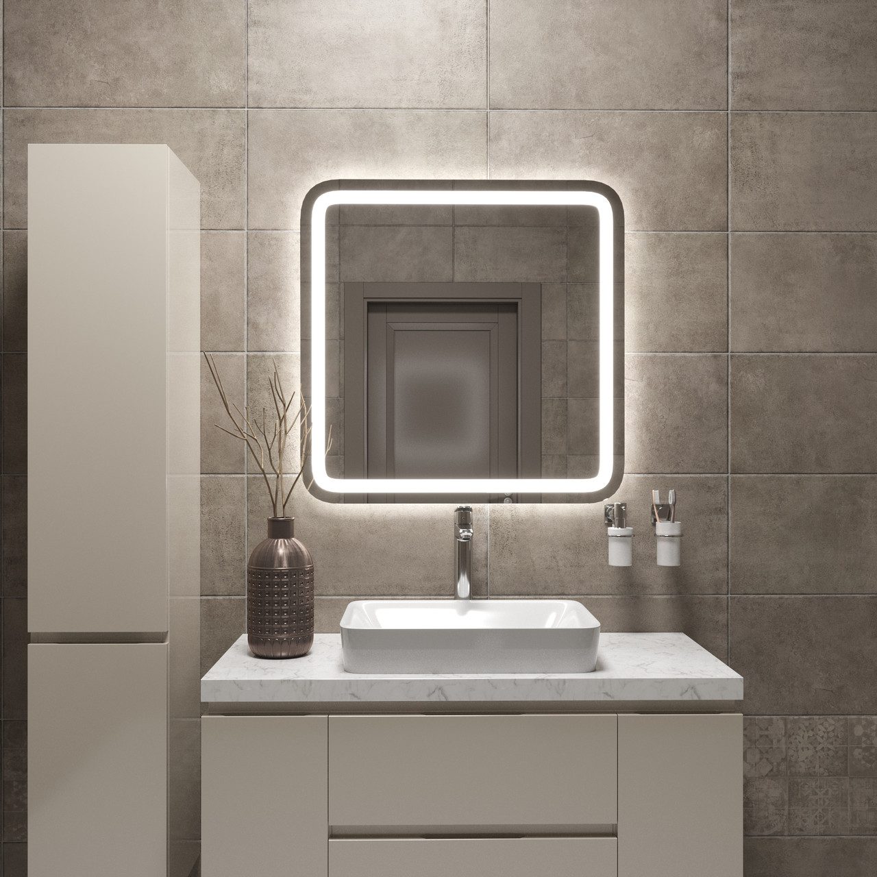 

Настенное зеркало с фоновой подсветкой и скругленными краями 80х80 Black Mirror для ванной комнаты