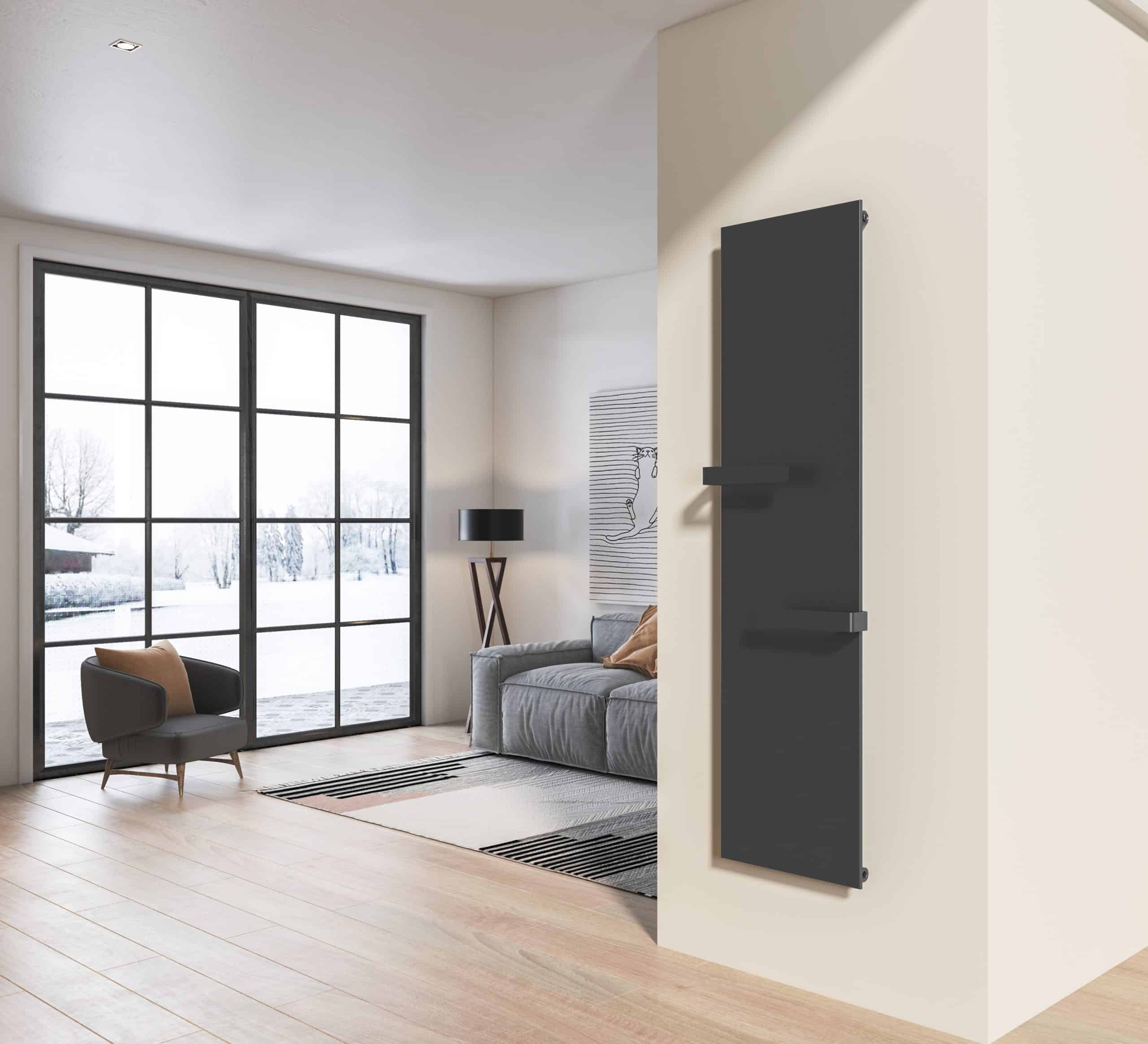 

Вертикальна дизайнерська чорна рушникосушка Rastas Radiators Veronica 1802050 мм 1397 Вт