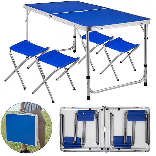 

Стол для пикника раскладной + 4 стула Folding Table 120х60х55/60/70 см 3 режима высоты, Алюминиевый каркас Синий