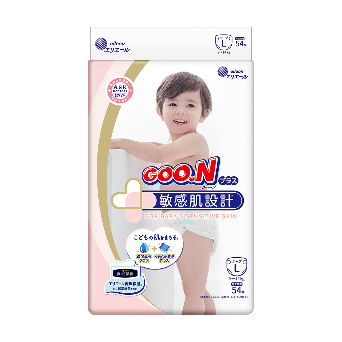 

Подгузники GOO.N Plus для детей 9-14 кг (размер L, на липучках, унисекс, 54 шт)