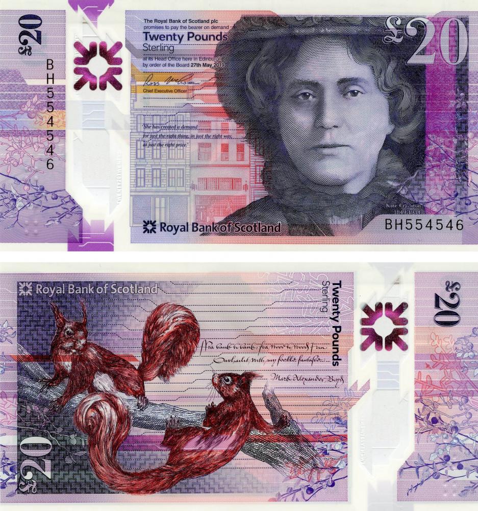 Шотландия 20 фунтов 2019 (2020) Полимер UNC Белки Королевский банк ...