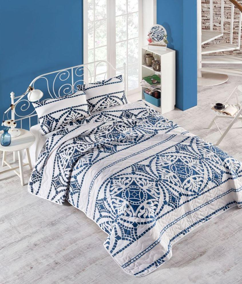 

Покрывало стеганное с наволочками 200*220 Eponj Home Marble голубой евро размер