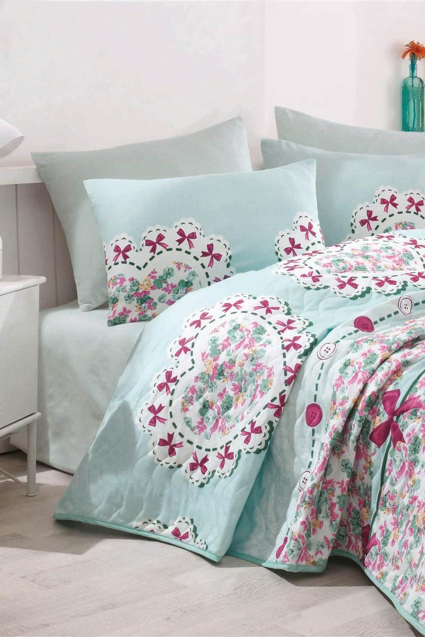 

Покрывало стеганное с наволочками 200*220 Eponj Home Lovely mint ментоловый евро размер