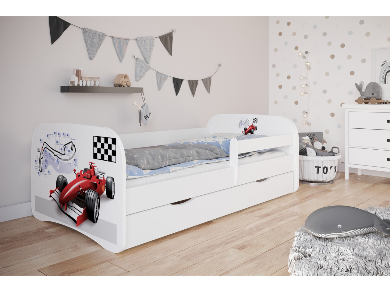 

Кроватка детская Kocot Kids Baby Dreams Формула 1 Белый/Красный с принтом односпальная с перилами и ящиком на колесах + ламели FLEX
