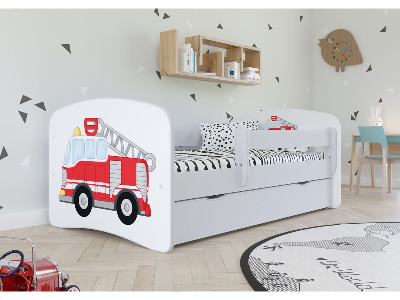 

Кроватка детская Kocot Kids Baby Dreams Пожарная машина Белый/Красный с принтом односпальная с перилами и ящиком на колесах + ламели FLEX