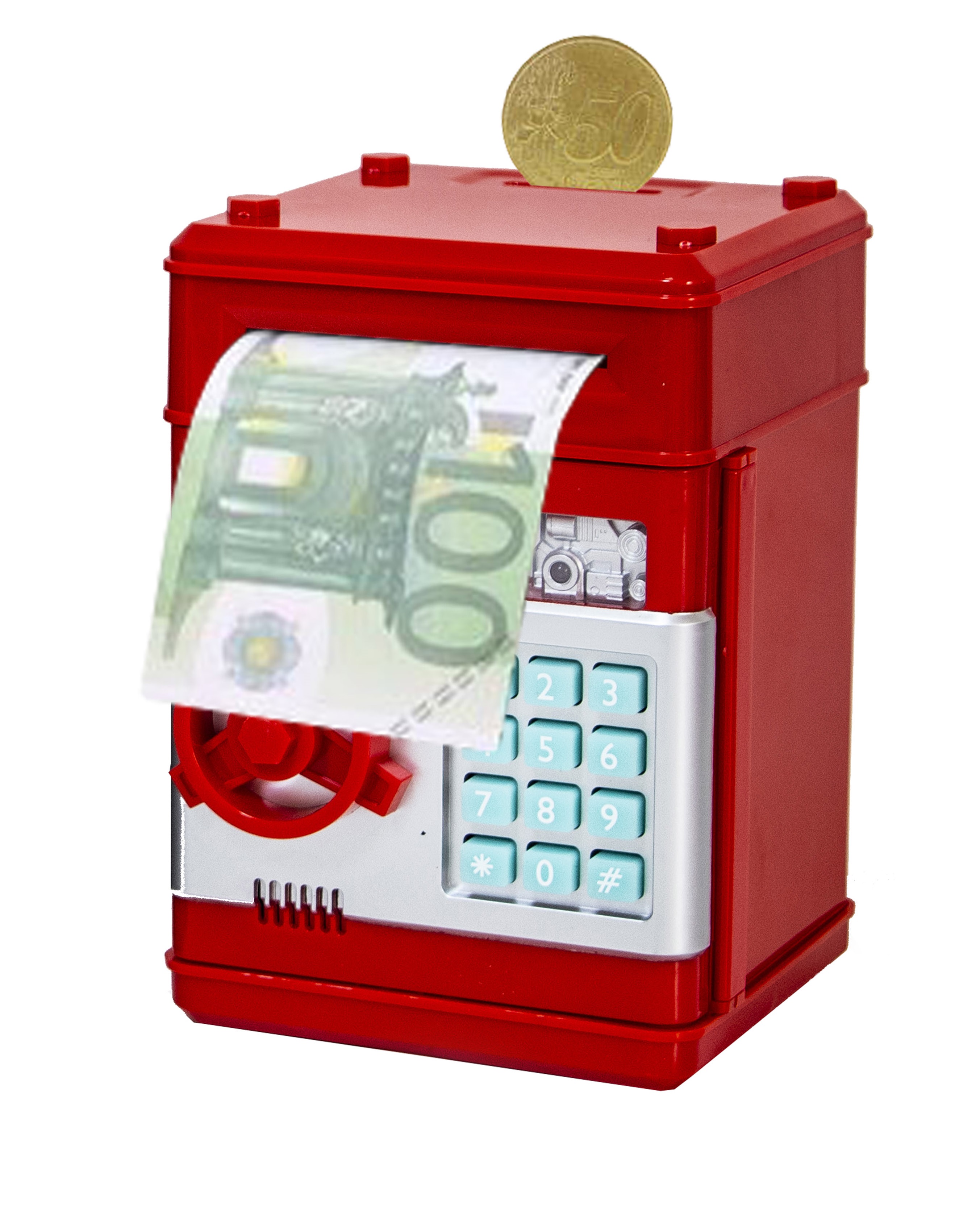 

Детская электронная копилка-сейф Number Bank "Safe". Красная имеет кодовый замок