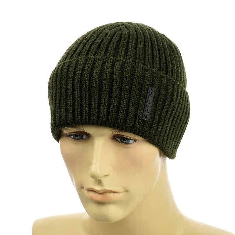 

Мужская шапка с отворотом STD 1*1 Хаки, Мужская вязанная зимняя шапка