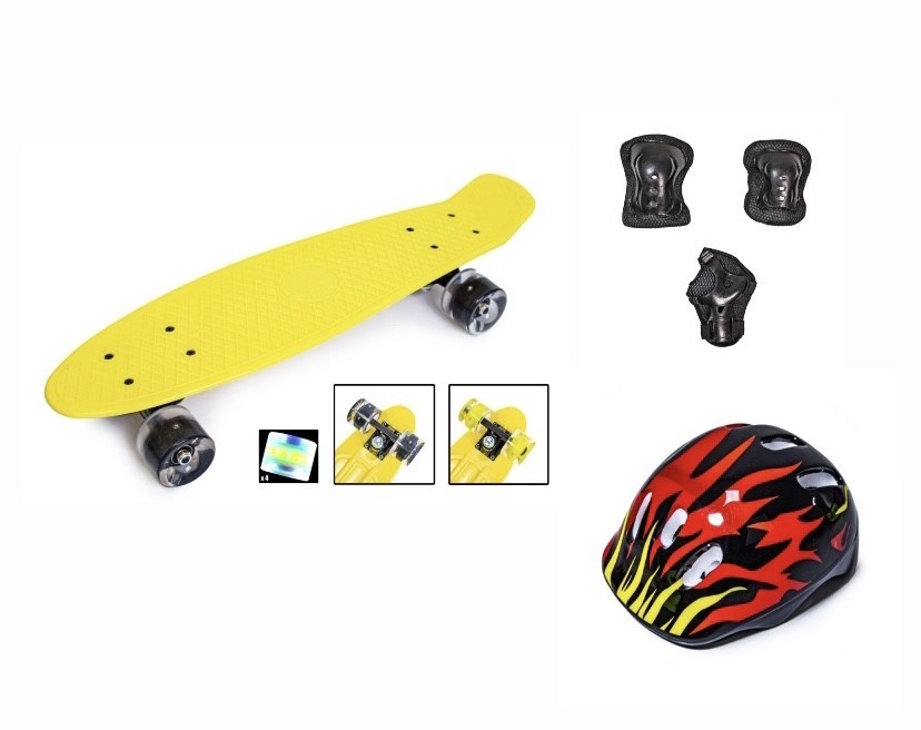 

Шлем + Защита + Пенни борд (Penny Board) 22 Жёлтый цвет со светящимися колесами