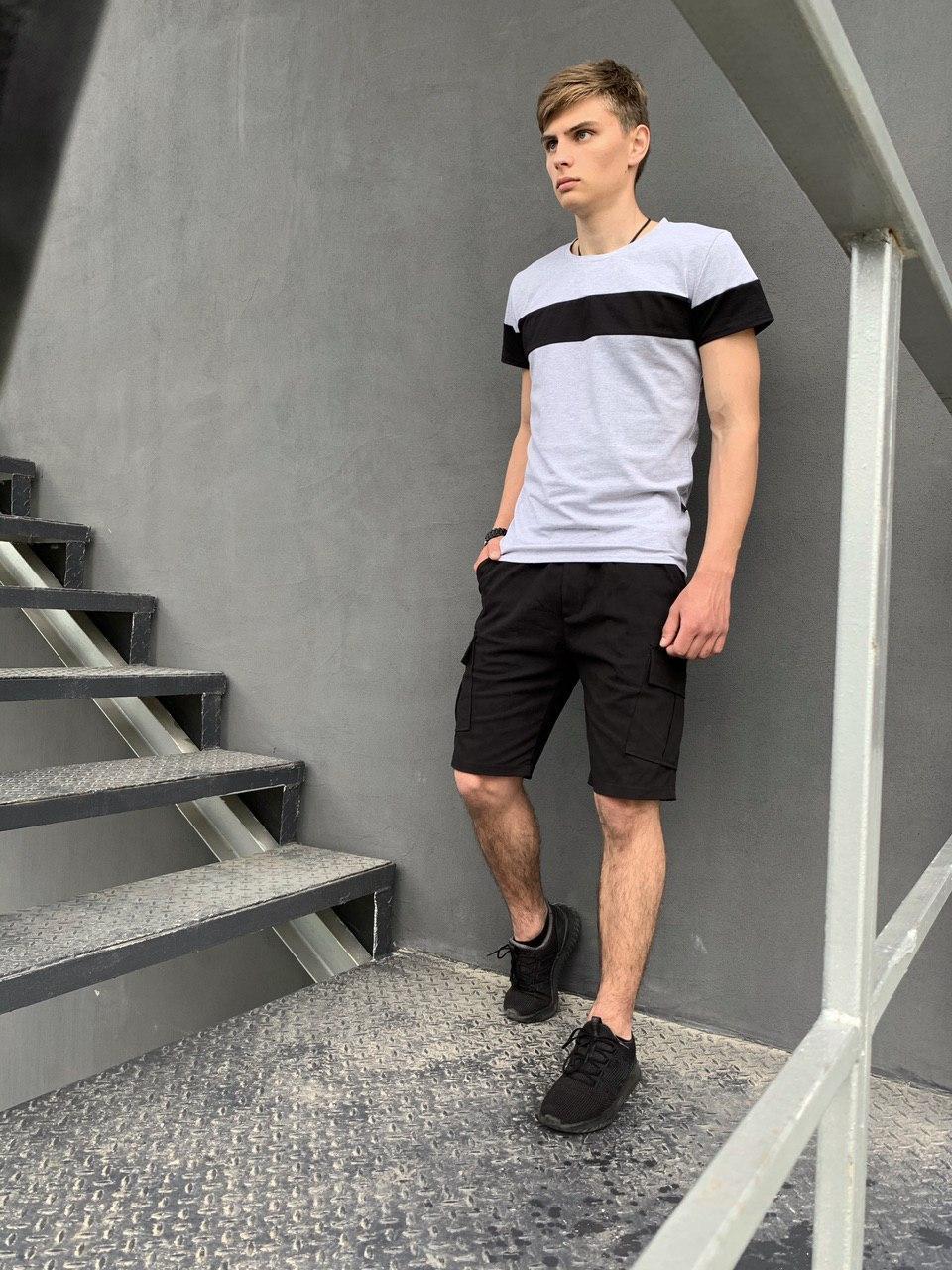 

Мужской летний комплект Intruder футболка Color Stripe серая-черная шорты Miami черные XXL (001SAG 1116)