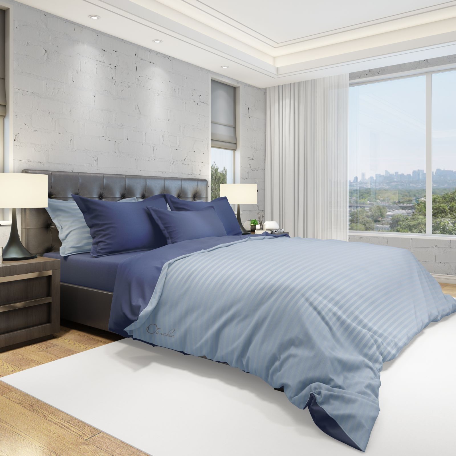 

Комплект постельного белья Облака Сатин +Страйп Сатин Полуторный Комбинированный Синий с Голубым