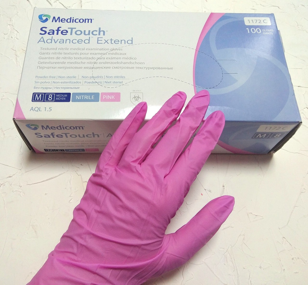 

Перчатки нитриловые Medicom SafeTouch Advanced Extend M розовые 100 шт