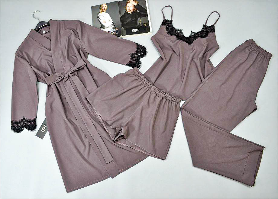 

Комплект домашней одежды 4-ка Este халат майка штаны шорты с кружевом - какао 1206-1215, Комплект домашней одежды 4-ка Este халат майка штаны шорты с кружевом 46-48 какао 1206-1215