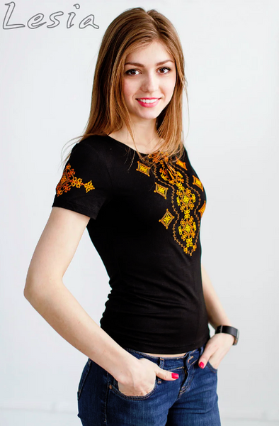 

Жіноча вишиванка Lesia Хвилька оранж розмір  на чорному 9111130248, Жіноча вишиванка Lesia Хвилька оранж розмір L на чорному 9111130248