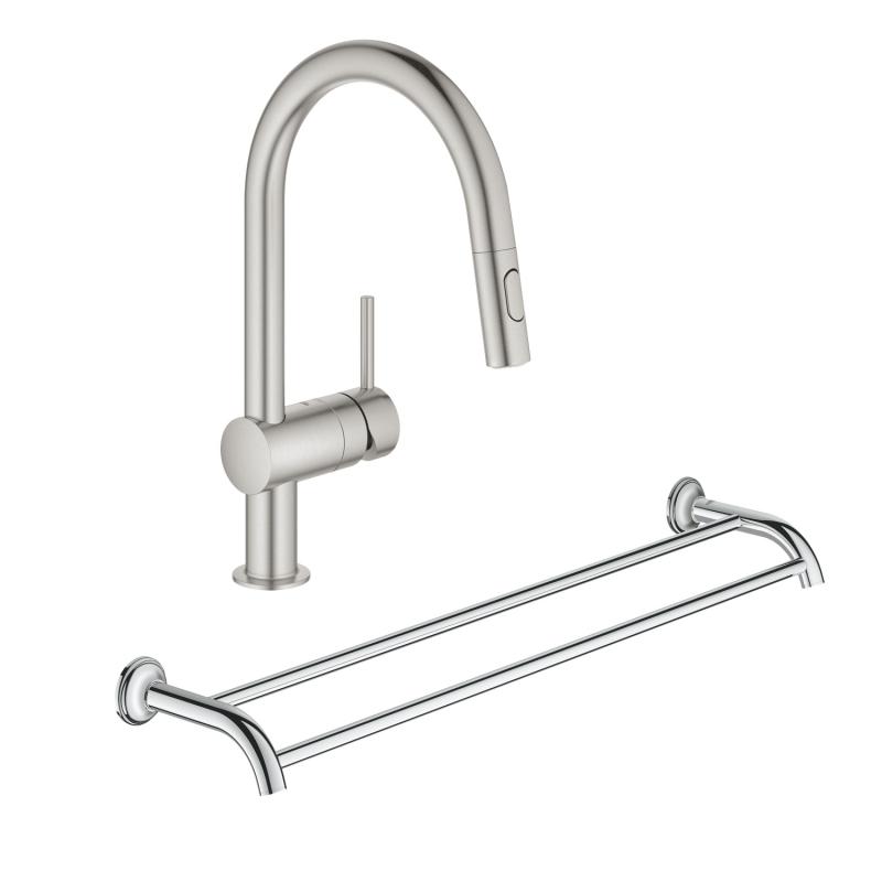 

Набор Grohe 32321DC240654001 смеситель для кухни с выдвижным изливом Minta 32321DC2 + полотенцедержатель Essentials Authentic 40654001 сталь (81348)