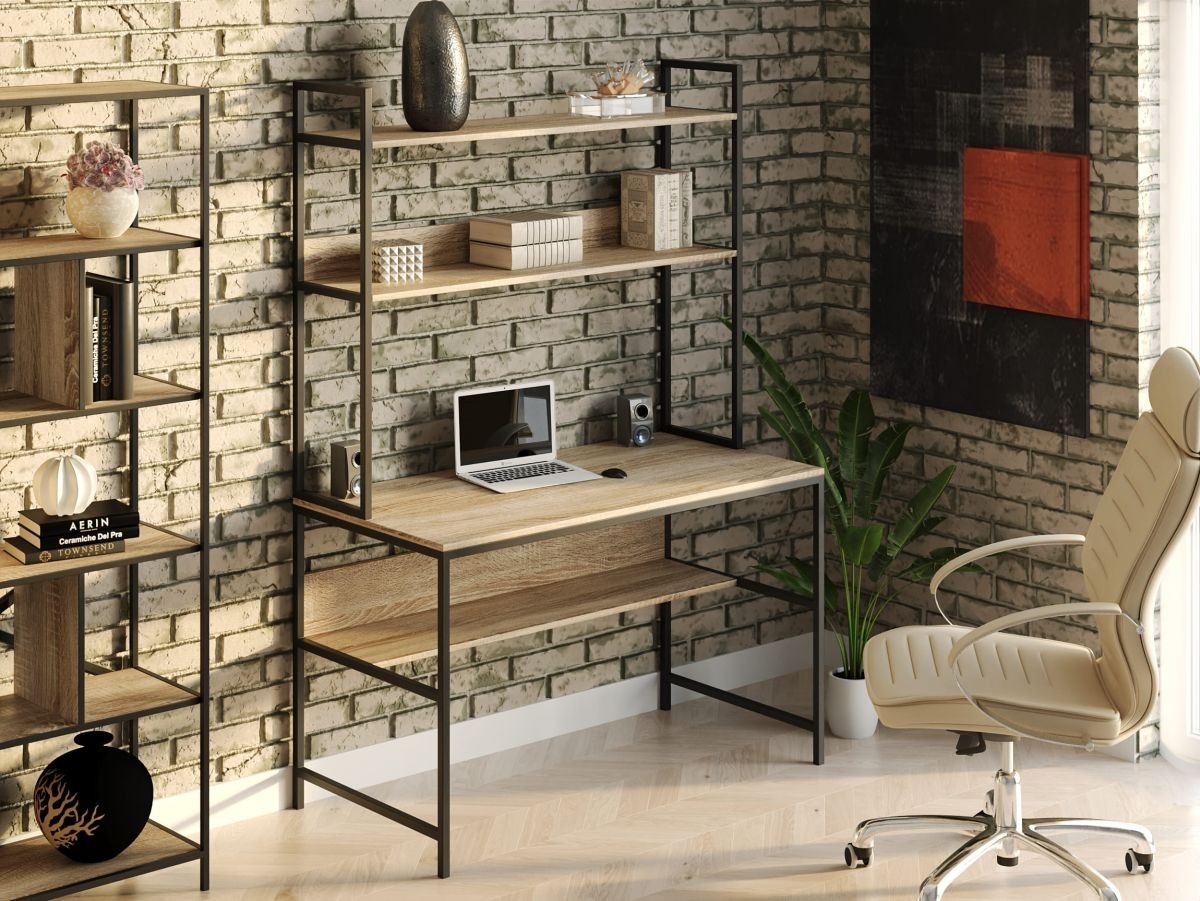 

Стол компьютерный письменный с металлическим каркасом в стиле Лофт (Loft) DrevoGoods усиленный, прямой, рабочий для дома и офиса 1600х750х600мм; металл: Черный; дерево: Дуб Сонома + стеллаж с полками