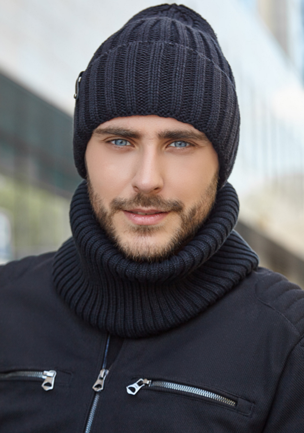 

Шапка мужская вязаная и снуд на флисе. Комплект ″Пейтон″ Braxton Черный (386W)