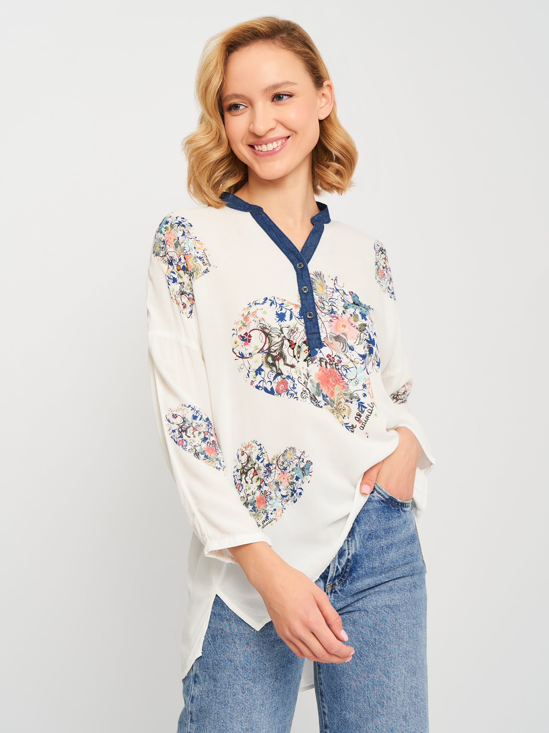 

Блузка Desigual 18WWBW07-1000  Белая с принтом, Блузка Desigual 18WWBW07-1000 M Белая с принтом