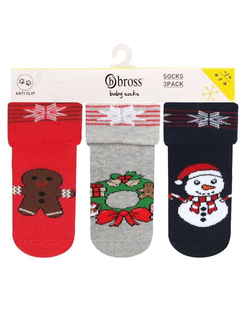 

Набор детских махровых новогодних носков для новорожденных Bross Турция антискользящие с тормозами 3 шт. черные, серые, красные 6 - 12 мес р 74-80 см р - Арт. 23728, Набор детских махровых новогодних носков для новорожденных Bross Турция антискользящие с 