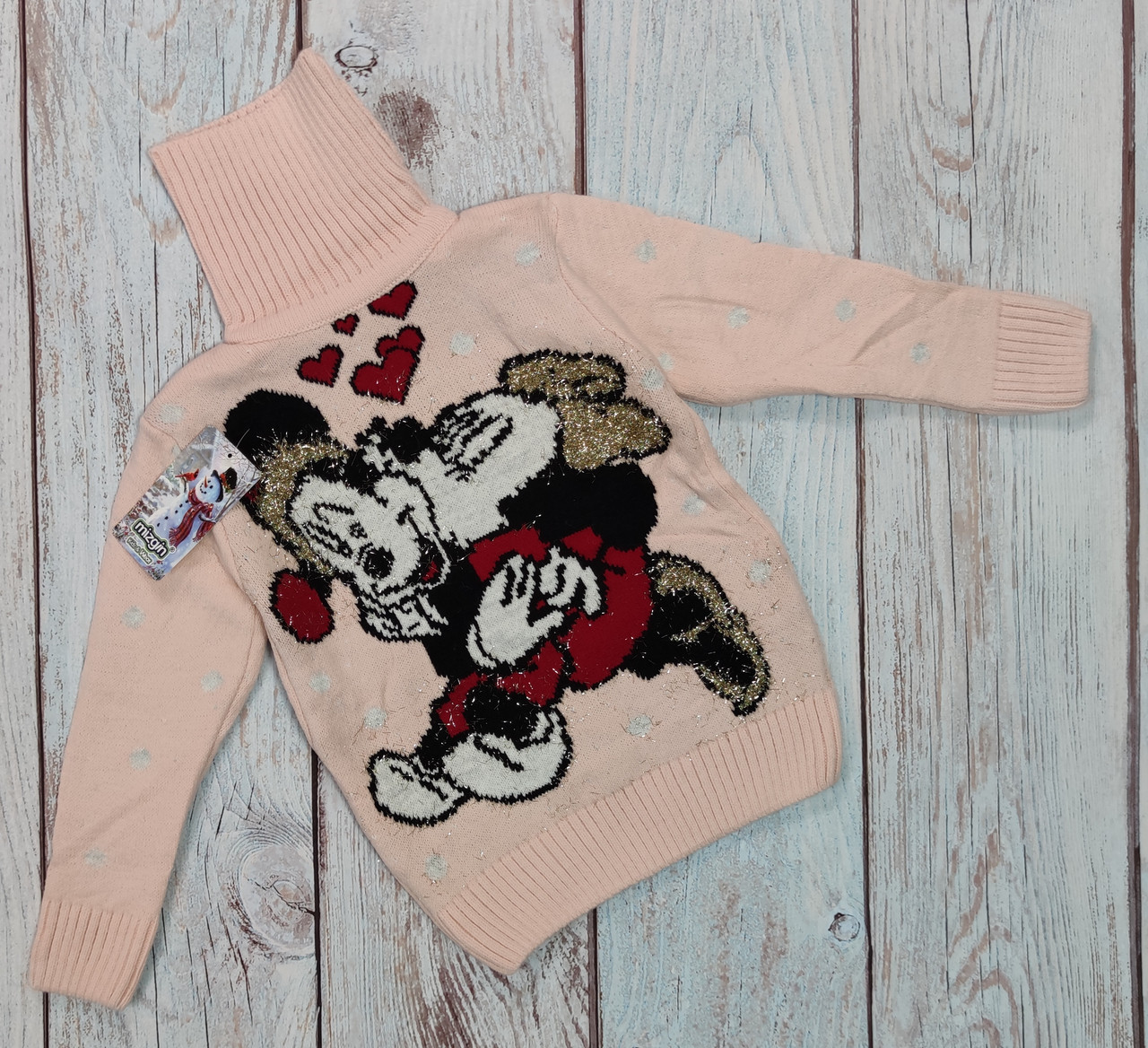 

Детский свитер с высоким горлом теплый новогодний для девочки микки и минни маус розовый 7-8 лет 128р