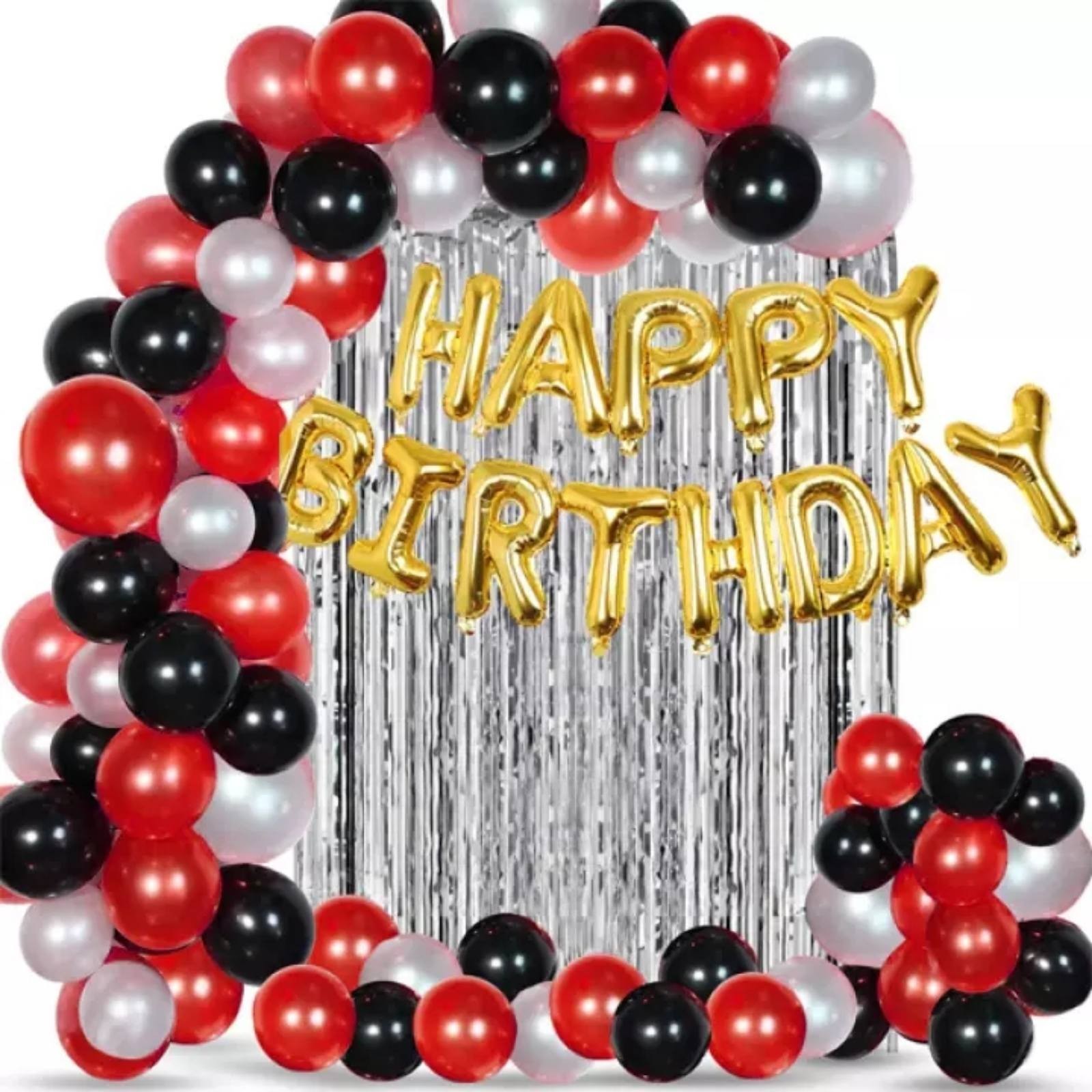 

Фотозона на день рождения из 85 шаров Красная с фольгированной надписью Happy Birthday шторкой фольгированной