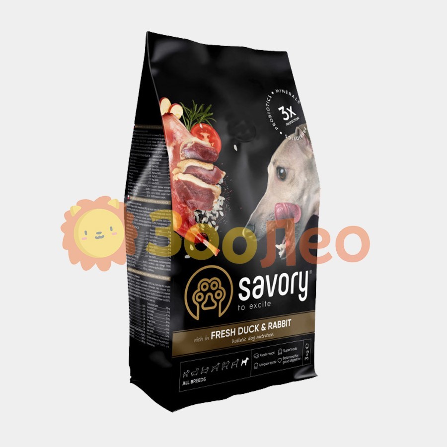 

Сухой корм для собак всех пород Savory со свежим мясом утки и кроликом 3 кг